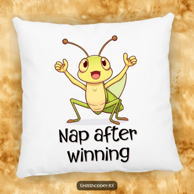Funny Pillow with a happy grasshopper cheering with antennae high, symbolizing a joyous victory and offering cozy comfort.