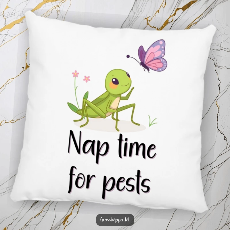 Funny pillow featuring a grasshopper playfully bopping a butterfly, adding a touch of humor and comfort to any living space.