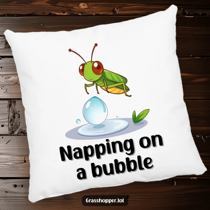 Funny Grasshopper Pillow showing a grasshopper artistically spinning on a dewdrop, adding comfort and charm.