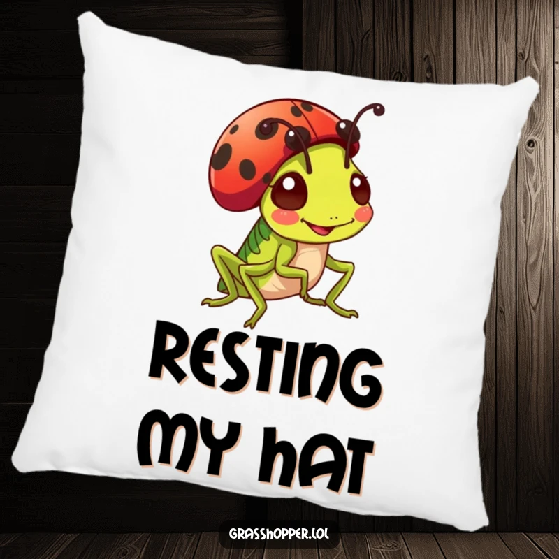 Funny grasshopper wearing a ladybug as a hat on a soft pillow, cute and whimsical cushion gift.