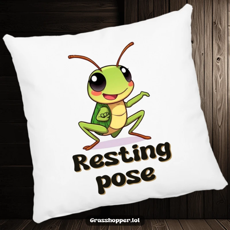 Kawaii grasshopper pillow with a happy grasshopper in a dynamic pose, perfect for adding energetic comfort.