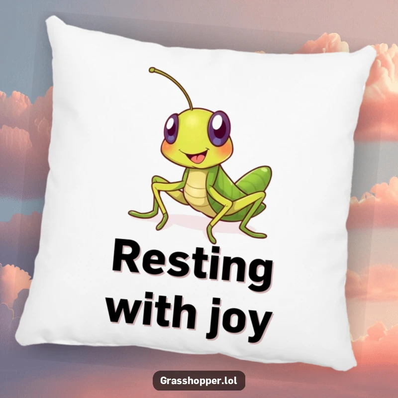 Funny grasshopper pillow featuring a big-smiling insect radiating warmth and invitation. A plush and humorous decor item, ideal for funny gift lovers.