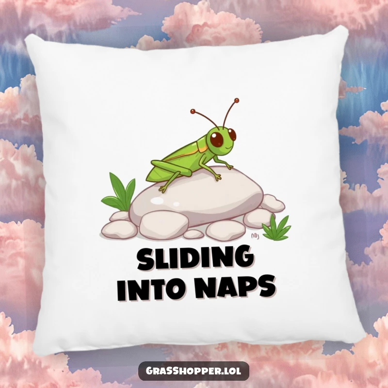 Funny Grasshopper Pillow with a happy insect sliding down a pebble, perfect for comfort and adding a touch of fun.