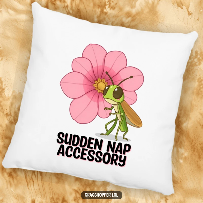 Funny surprised grasshopper pillow, soft and huggable, depicting shock at a falling petal, perfect for comfort and laughs, funny gift.