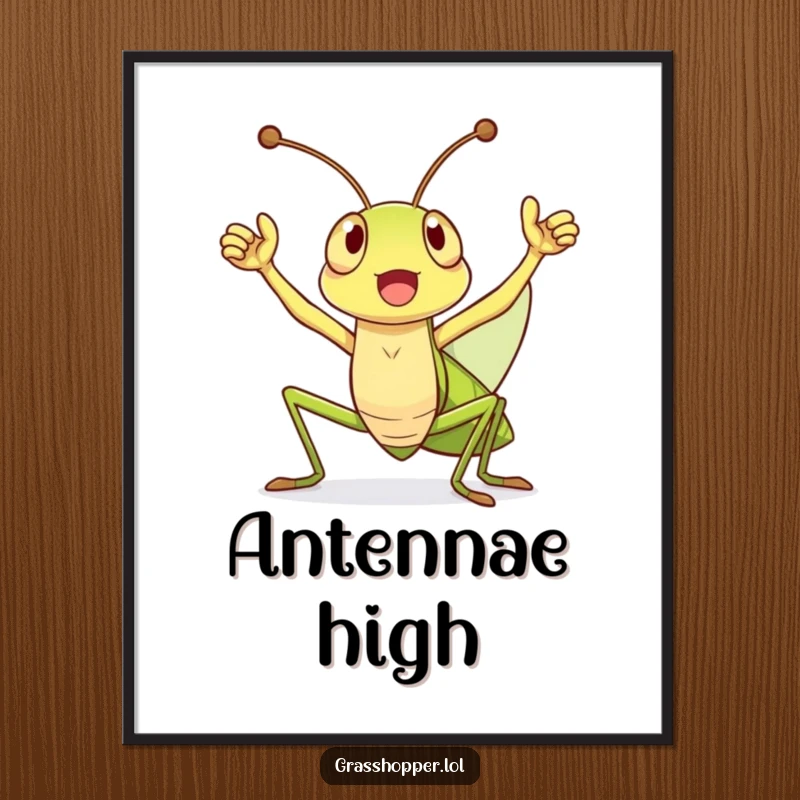 Funny Digital Art Print of a jubilant grasshopper holding antennae high in a cheer, celebrating a significant victory.