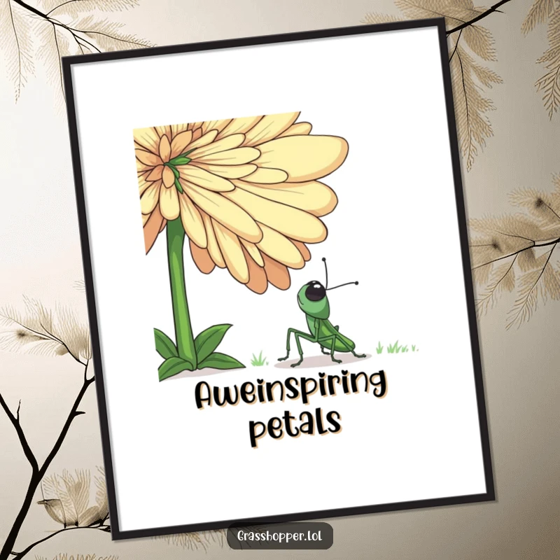 Funny grasshopper digital art print showing a small insect filled with wonder gazing at a gigantic flower, perfect for wall decor.
