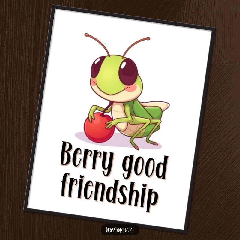 Funny grasshopper digital art print, sharing a berry with a friendly grin, ready to download and frame, a funny gift.