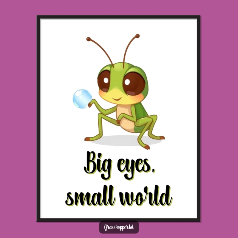 Funny Grasshopper Digital Art Print: Curious Insect Dewdrop Decor