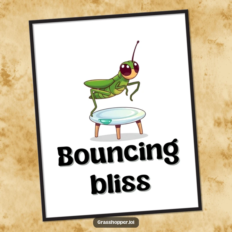 Funny Digital Art Print of a grasshopper gleefully bouncing on a dewdrop, depicted as a tiny trampoline, full of energy.