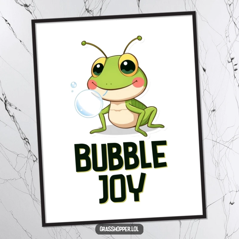 Funny grasshopper joyfully blowing a large bubble, rendered as digital art, perfect for instant, humorous home decor.
