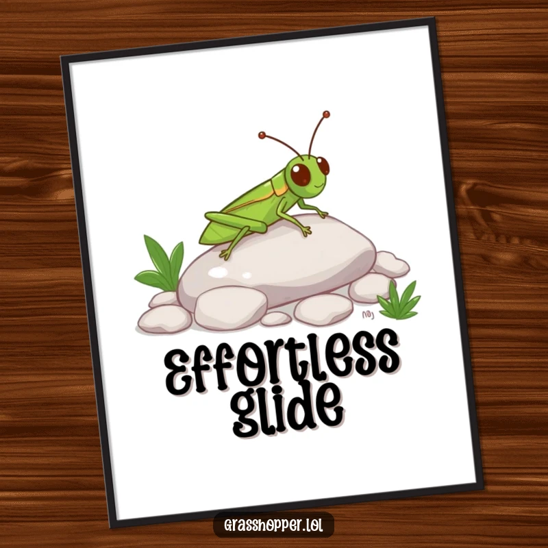 Funny Grasshopper Digital Art Print of a happy insect sliding down a pebble, ideal for digital decoration and spreading joy.