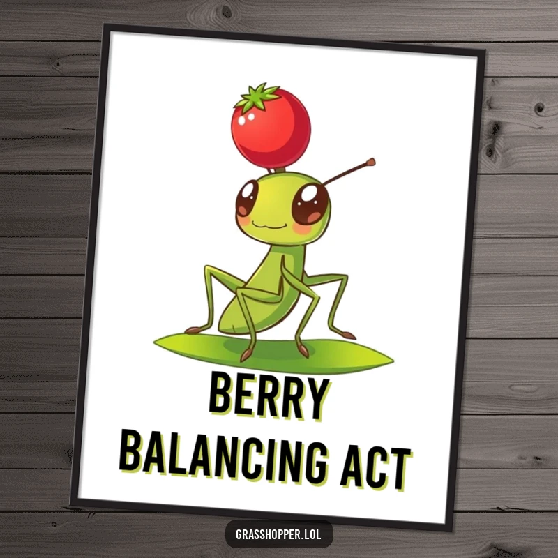 Funny Grasshopper Digital Art Print of a grasshopper balancing a red berry on its head, perfect for wall art.