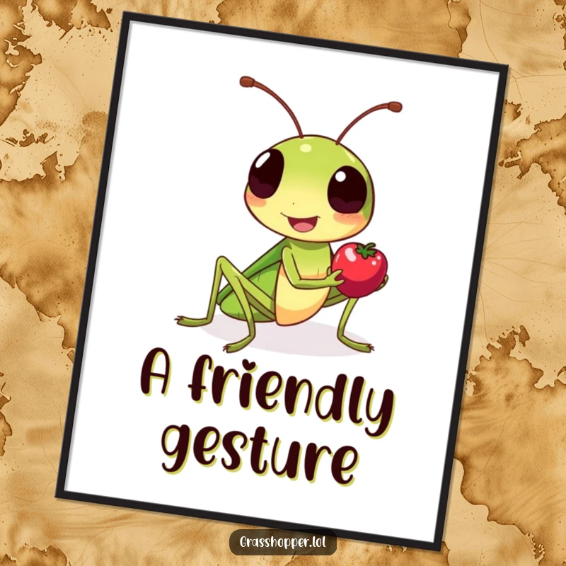 Funny grasshopper digital art print, with a friendly smile, offering a tiny berry, radiating kindness.