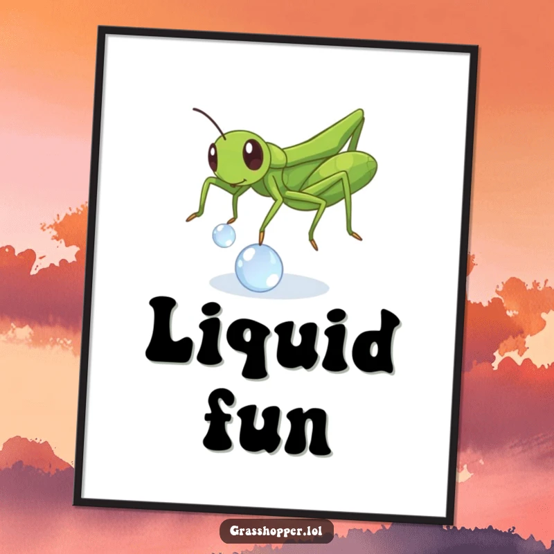 Funny Grasshopper Dewdrop Digital Art Print: A cheerful insect playing with a dewdrop, ideal for funny digital or physical wall decor.