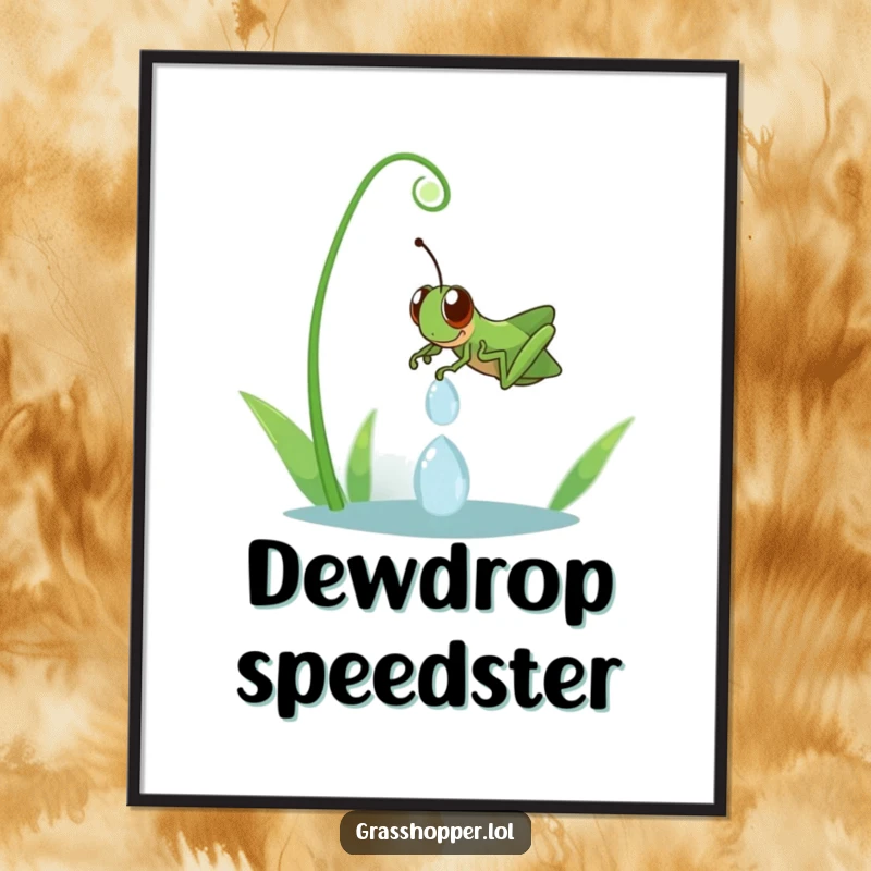Funny grasshopper gleefully sliding down a dewdrop, rendered as digital art, perfect for instant, humorous home decor.