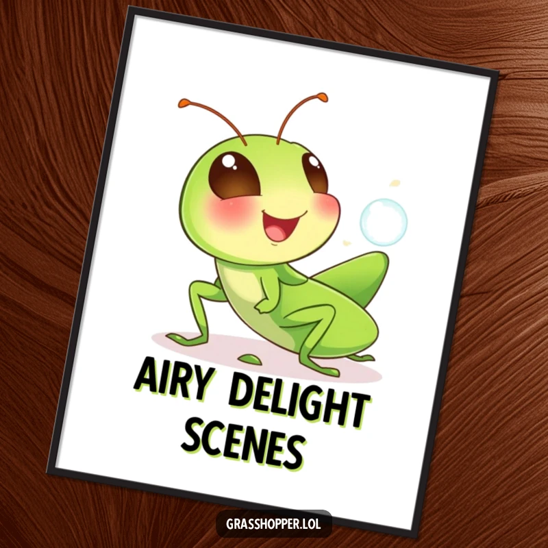 Funny grasshopper digital art print of a cute, giggling insect blowing a tiny bubble, perfect for instant whimsical and humorous decoration.
