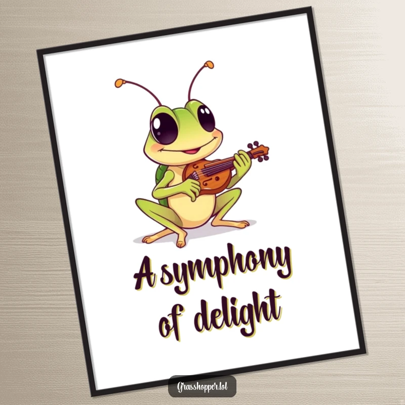 Funny digital art print of a grasshopper with a cheerful grin playing a miniature violin, perfect for instant decor and funny gifts.