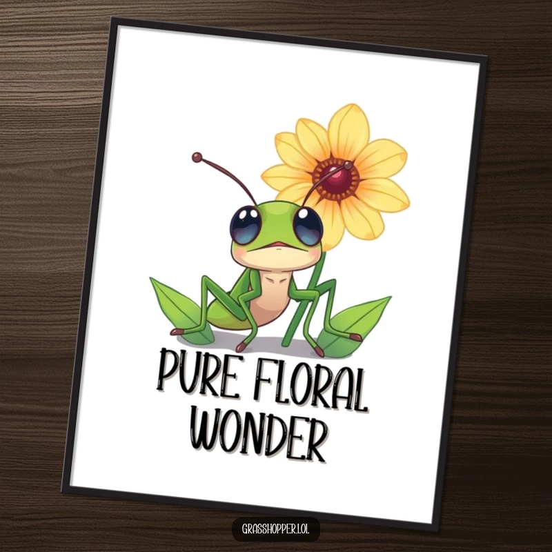 Funny grasshopper digital art print, eyes wide with awe, looking up at a magnificent flower, capturing wonder.