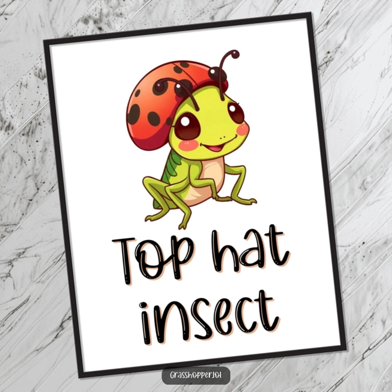 Funny cheerful grasshopper wearing a ladybug as a hat, charming illustration, vibrant digital art print gift.