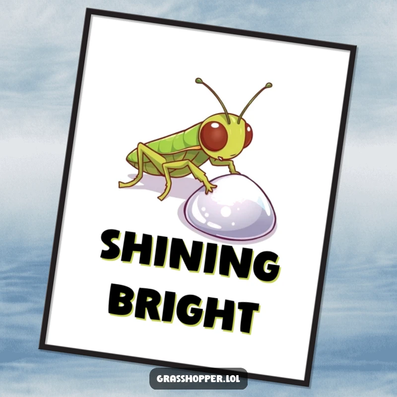 Funny Grasshopper Digital Art Print of a curious insect examining a pebble, ideal for digital decoration and inspiration.