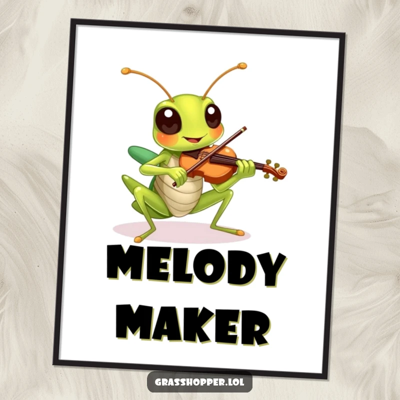 Funny grasshopper playing a tiny violin with a cheerful expression, high-resolution digital art print.