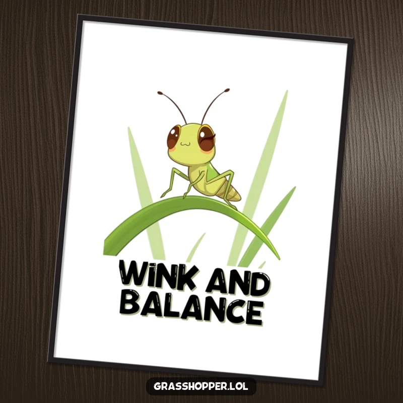 Funny Winking Grasshopper Digital Art Print: A grasshopper winking and balancing, ideal for funny digital or physical wall decor.