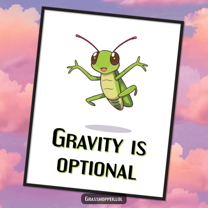 Funny grasshopper digital art print of a grasshopper in a dramatic, high-energy jump, legwork emphasized for comedic effect.