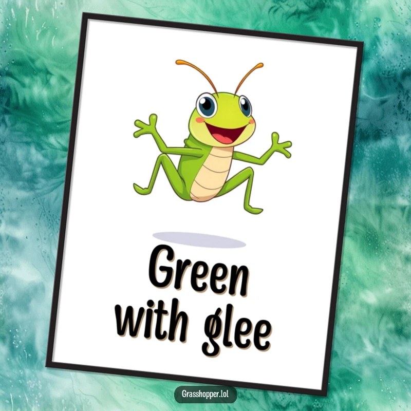 Funny bright green grasshopper with a massive smile leaps high, radiating pure joy on this humorous digital art print.