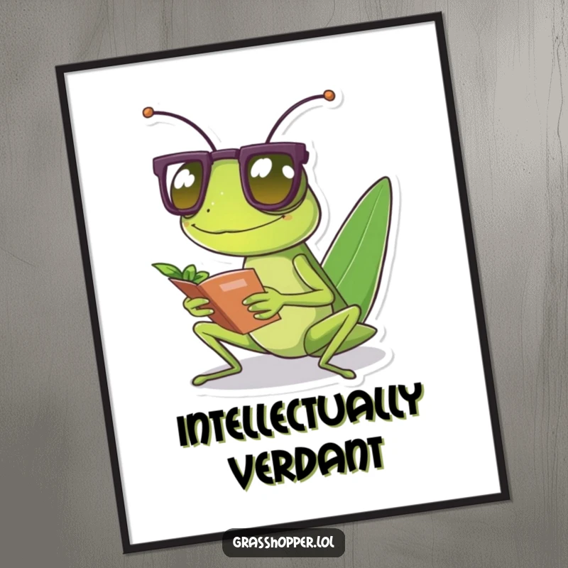 Funny grasshopper wearing tiny spectacles reads a small leaf, high-resolution digital art print.
