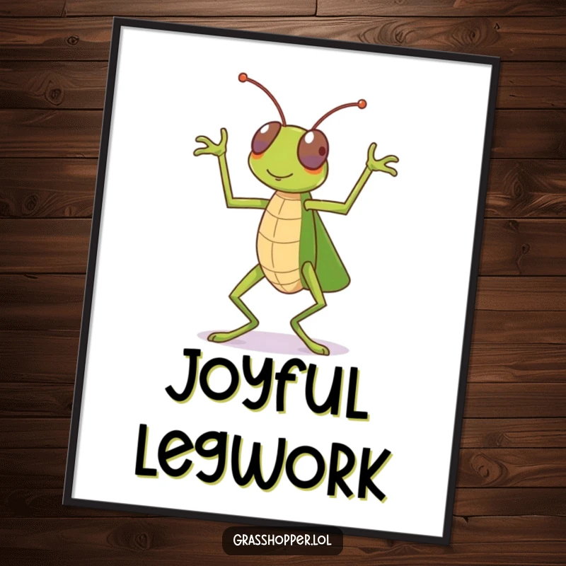 Funny grasshopper digital art print, mid-dance celebration with legs kicking, ready to download and frame, a funny gift.