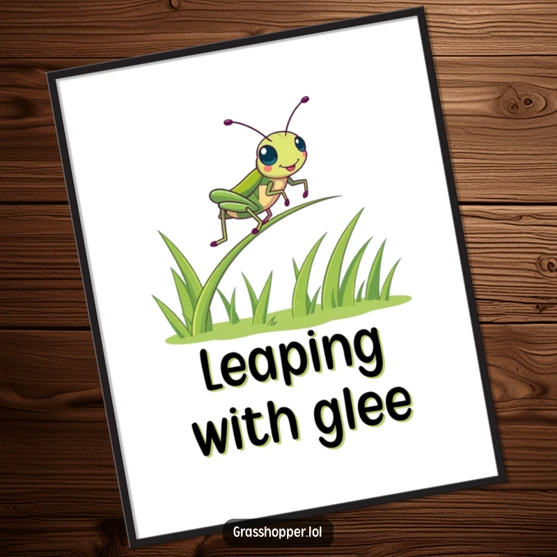 Funny kawaii grasshopper in a high-energy bounce on a springy blade of grass, digital illustration for home decor gift.