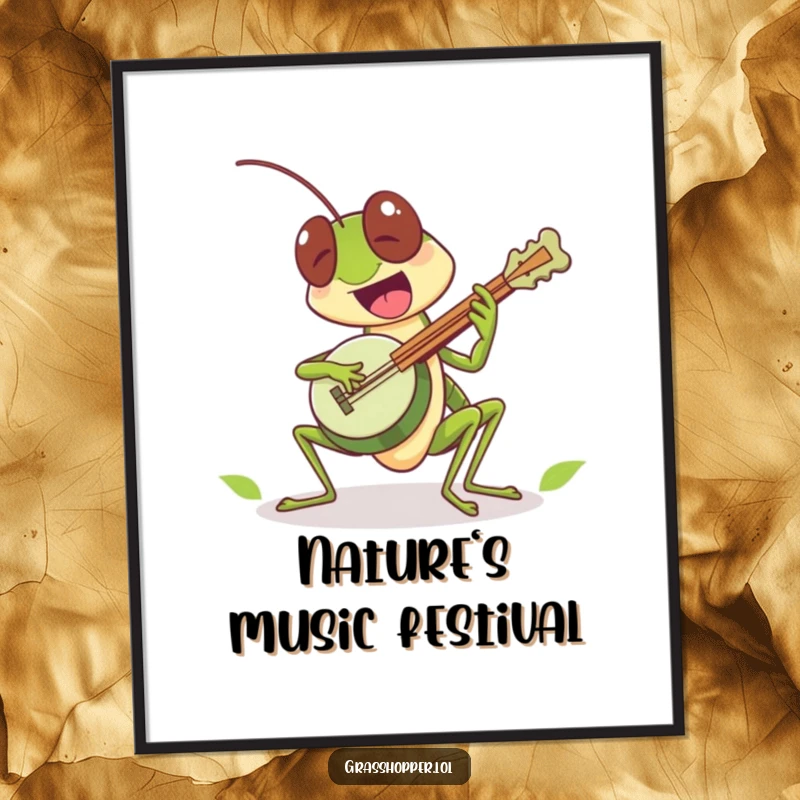 Funny grasshopper character excitedly playing a tiny leaf banjo on this digital art print, an instant funny gift.