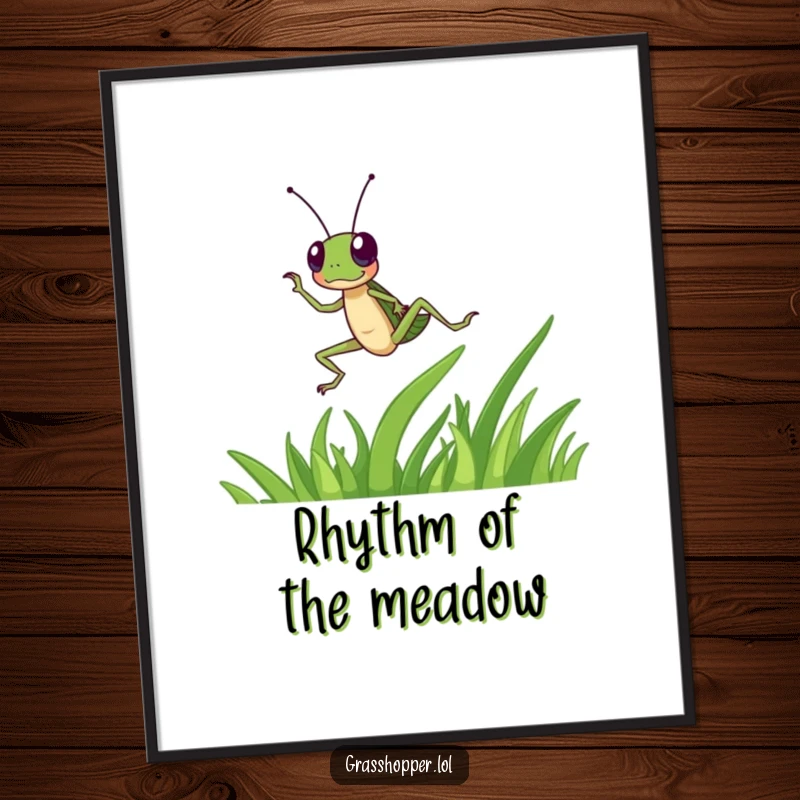 Funny grasshopper character dances energetically on a blade of grass on this digital art print, an instant funny gift.