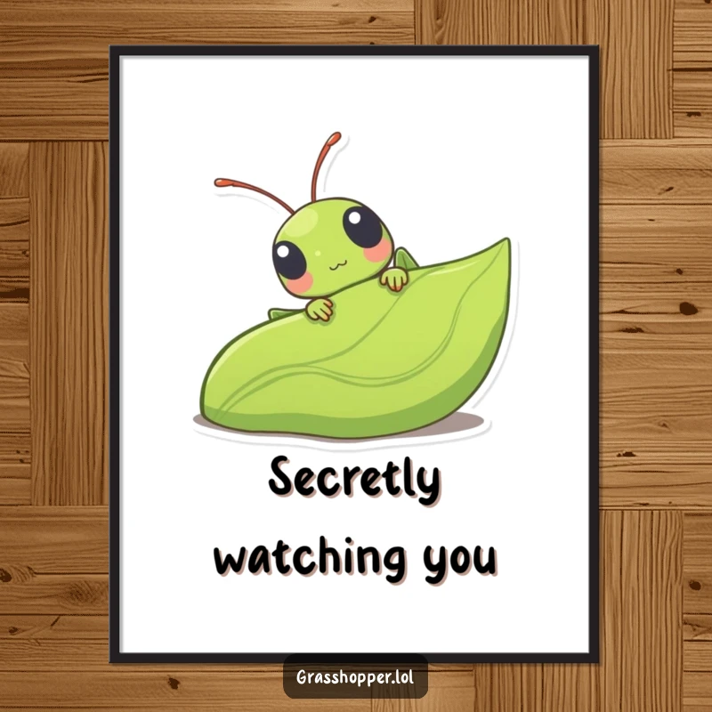 Funny kawaii grasshopper peeking from behind a large leaf, a cute and charming digital art illustration ready for printing.