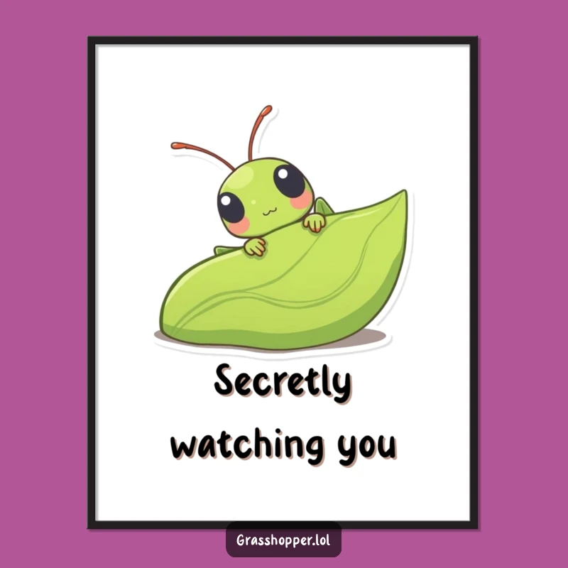 Funny Kawaii Grasshopper Digital Art - Cute Leaf Peeking Print