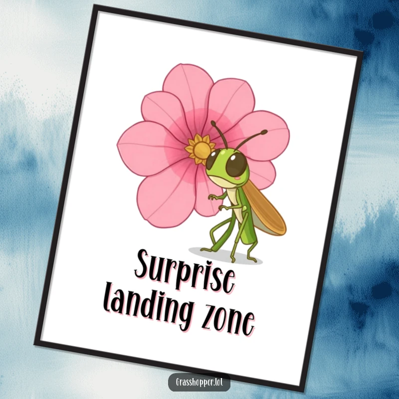 Funny grasshopper digital art print, showing surprise at a falling petal, ready to download and frame, a funny gift.