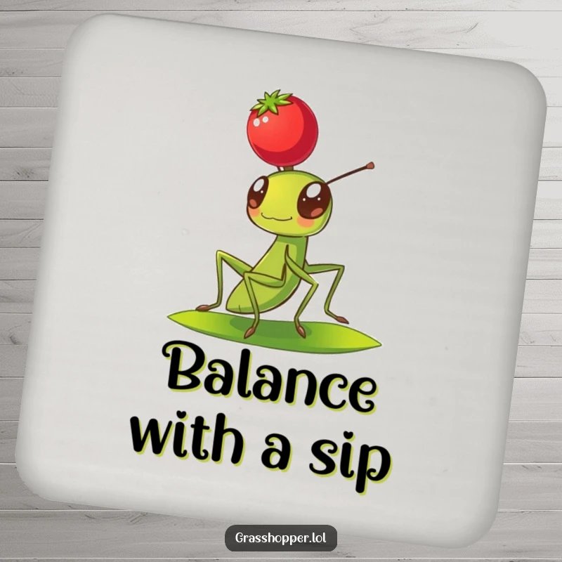 Funny Grasshopper Coaster with a grasshopper balancing a red berry on its head, adding charming protection.