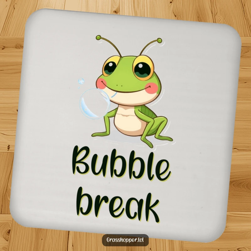 Funny grasshopper with a wide grin, blowing a shiny bubble, depicted on a drink coaster, adding humor to beverage service.