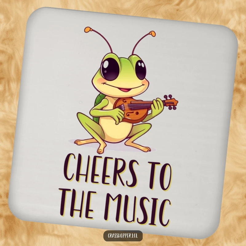Funny drink coaster featuring a grasshopper with a cheerful grin playing a tiny violin, perfect for table protection and funny gifts.