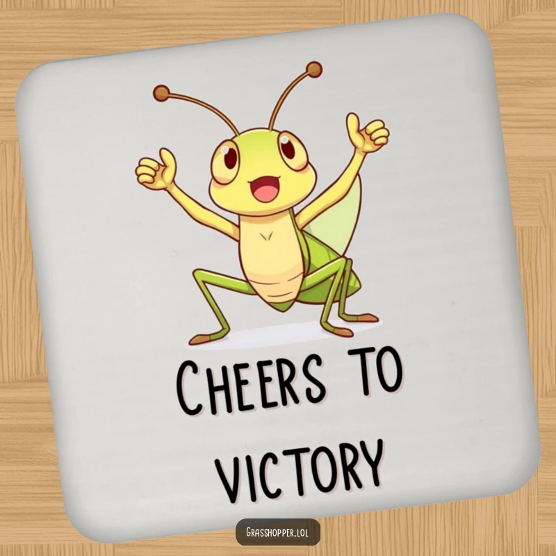 Funny Coaster showing a grasshopper holding antennae high in a triumphant cheer, perfect for adding a celebratory touch.