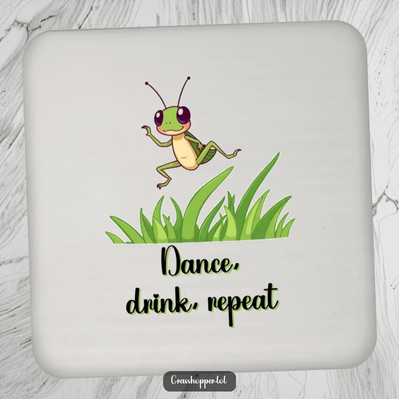 Funny grasshopper character dances energetically on a blade of grass on this coaster, a lively funny gift.