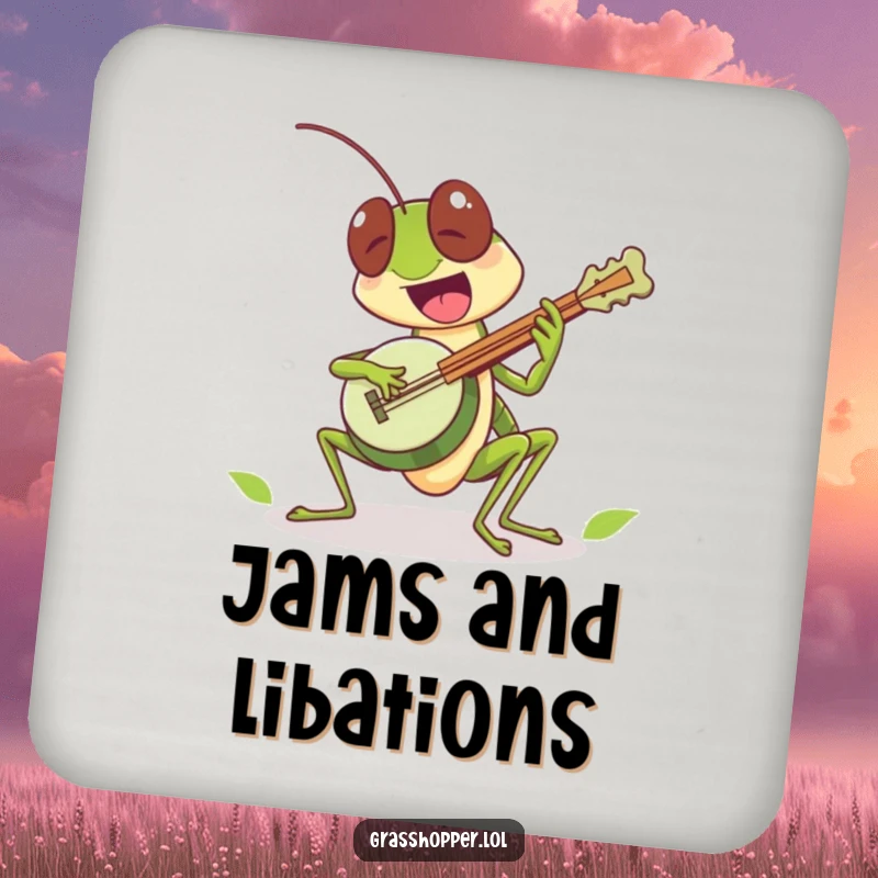 Funny grasshopper character excitedly playing a tiny leaf banjo on this coaster, a musical funny gift.