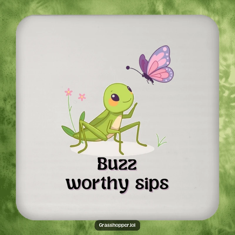 Funny coaster set featuring a grasshopper playfully bopping a butterfly, protecting surfaces with a touch of lighthearted humor.