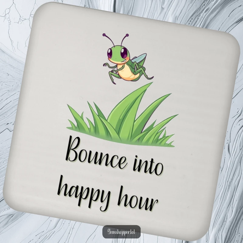 Funny Grasshopper Drink Coaster showing a happy grasshopper in mid-leap over a blade of grass, protecting surfaces with charm.