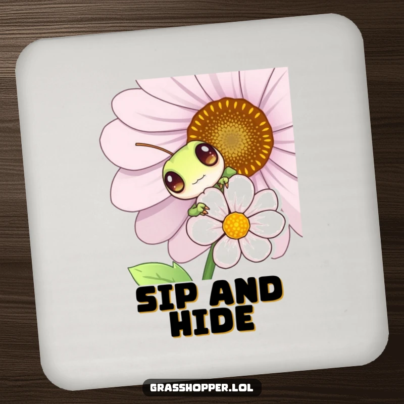Funny grasshopper peeking from behind a flower, absorbent drink coaster, playful insect design, protects surfaces humorously.