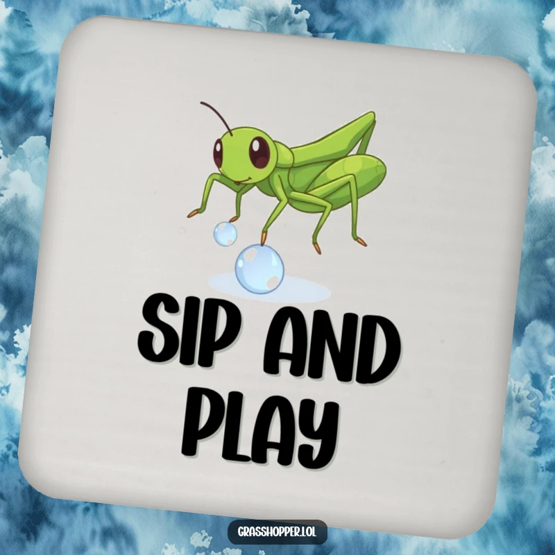 Funny Grasshopper Dewdrop Coaster: An insect playing with a dewdrop, guarding your drinks with funny, playful flair.