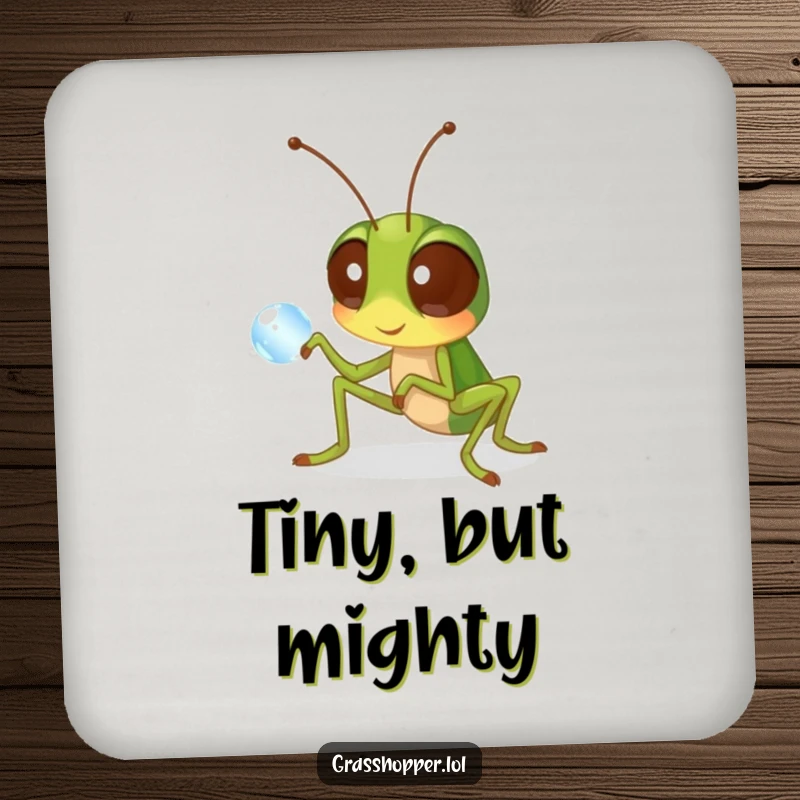 Funny grasshopper drink coaster featuring a curious insect examining a dewdrop, perfect for adding gentle humor.