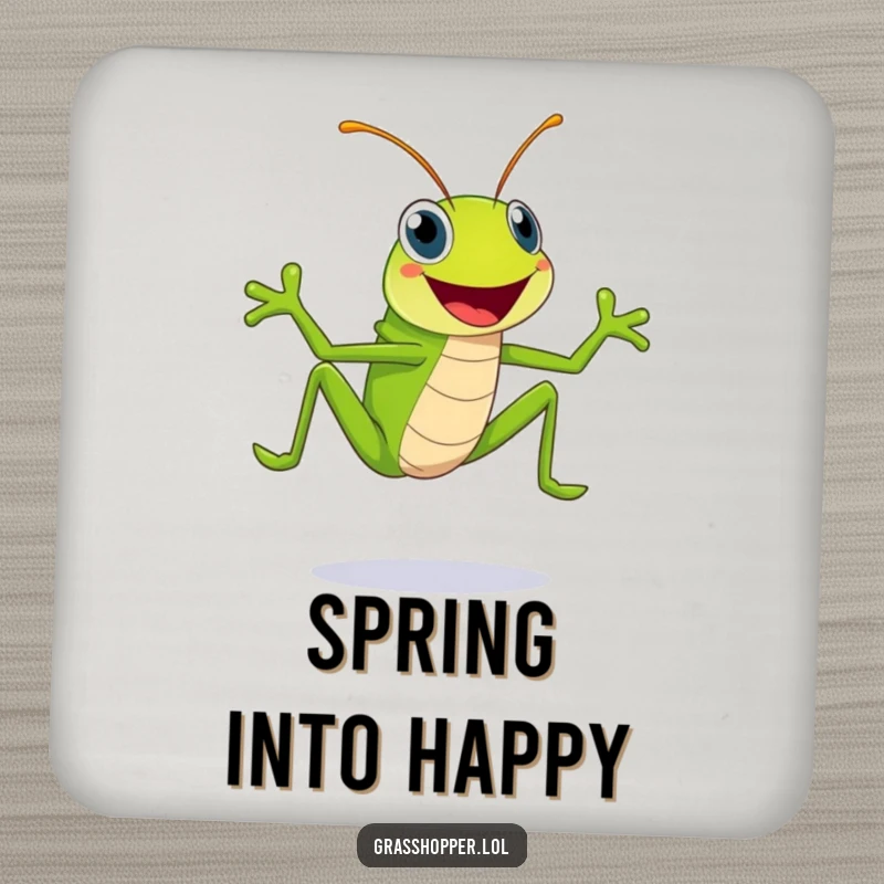 Funny bright green grasshopper with a huge smile is captured mid-leap on this protective and humorous drink coaster.