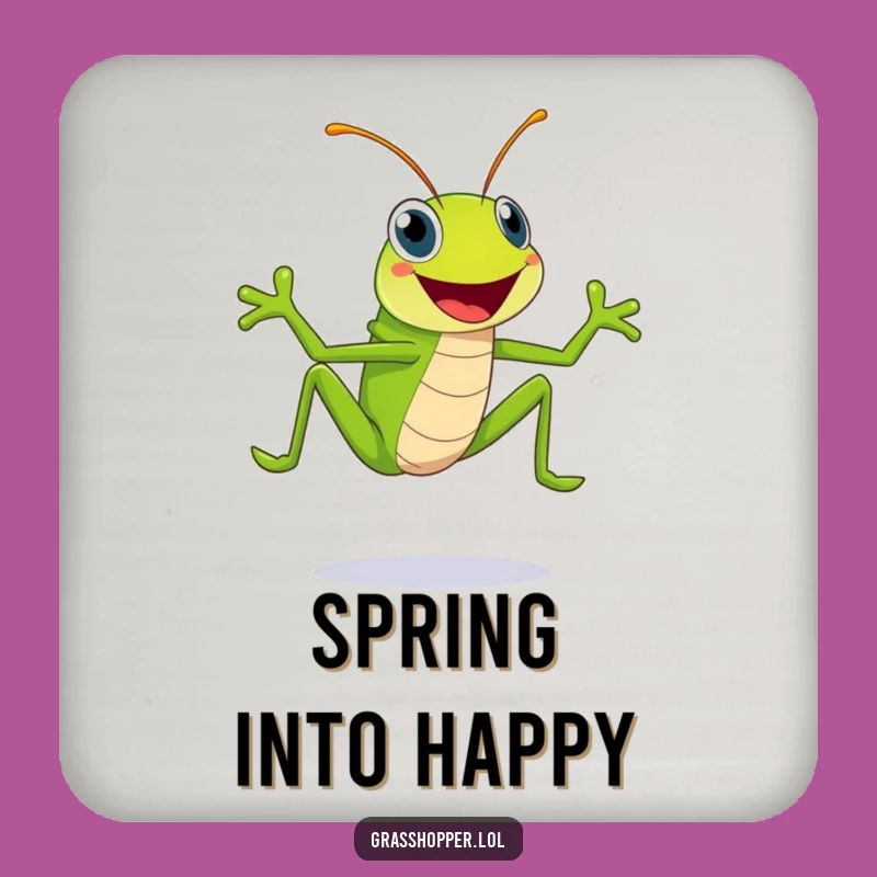 Funny Grasshopper Drink Coaster: Happy Green Leaper with Huge Smile, Bar Gift!