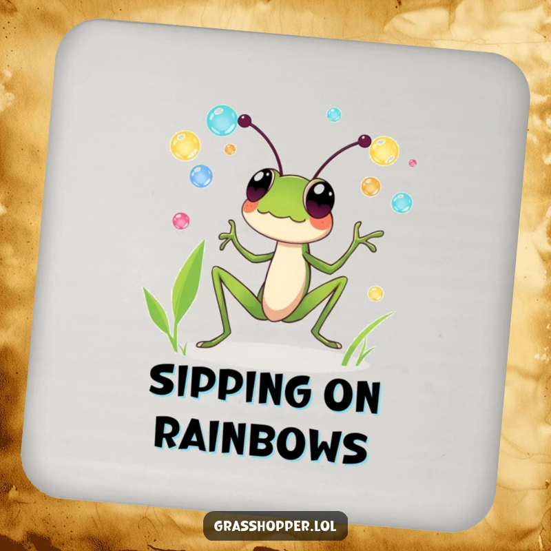 Funny drink coaster featuring a grasshopper joyfully juggling colorful dewdrops, perfect for table protection and funny gifts.